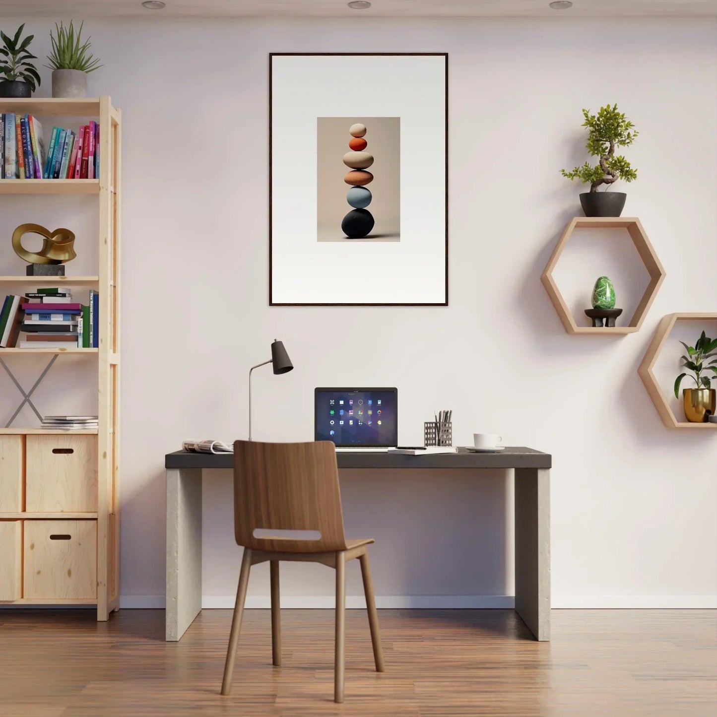 Modern home office with Orb Reverie art, dark desk, and wooden chair setup