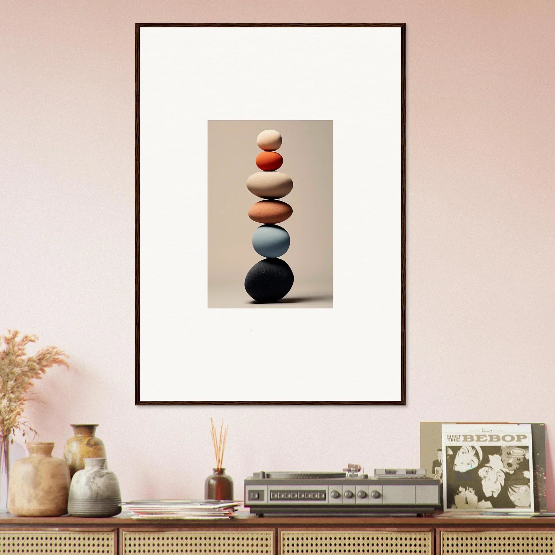 Framed Orb Reverie artwork of colorful stacked stones for a premium wall vibe