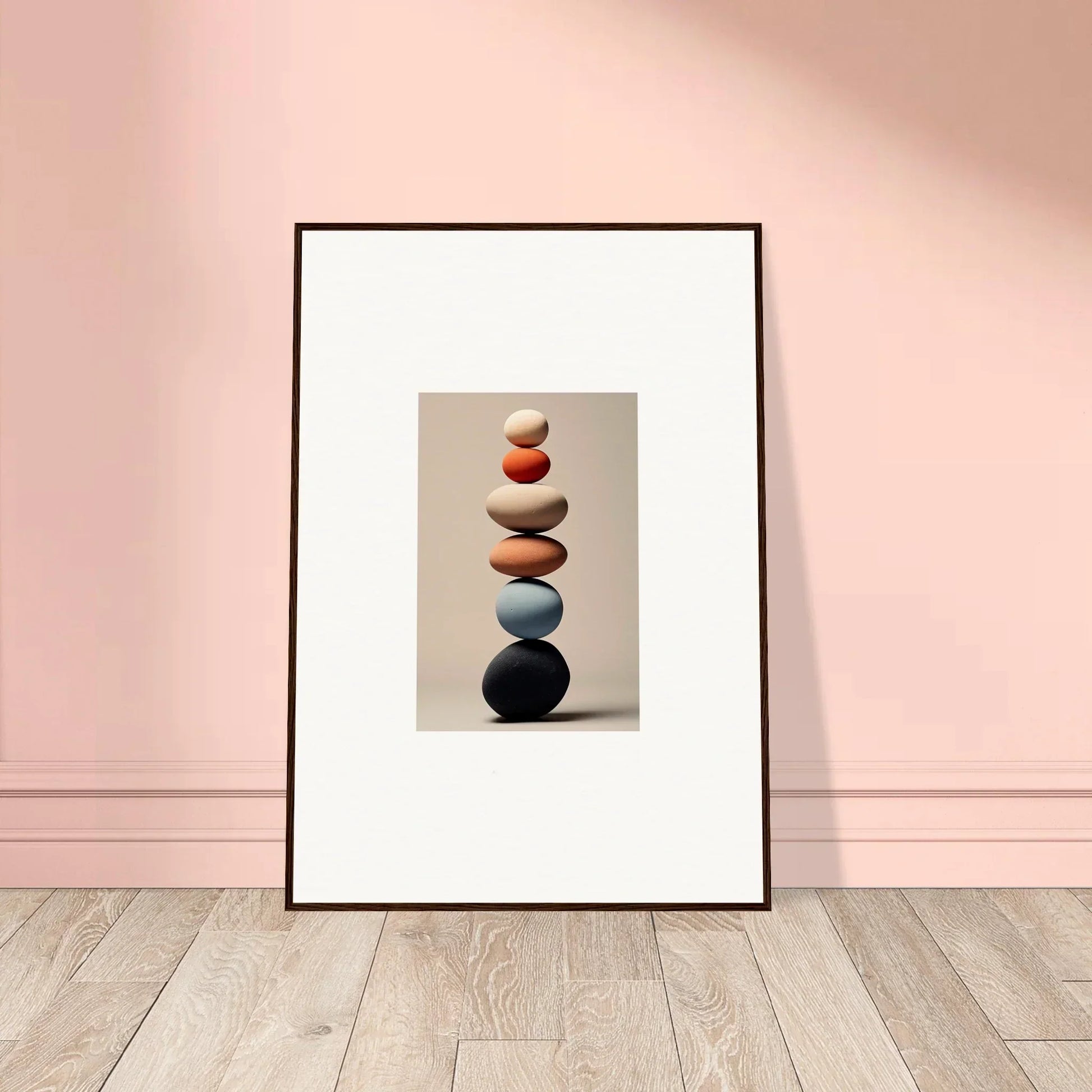 Framed Orb Reverie artwork of colorful stacked stones perfect for premium wall decor