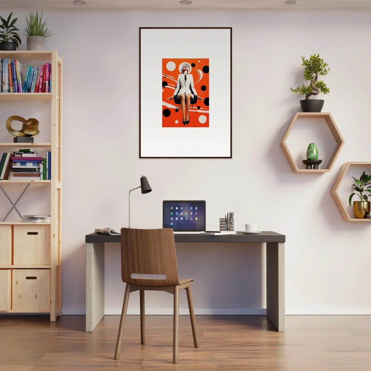 Modern home office with desk and chair showcasing Ecliptic Eventsatz canvas print