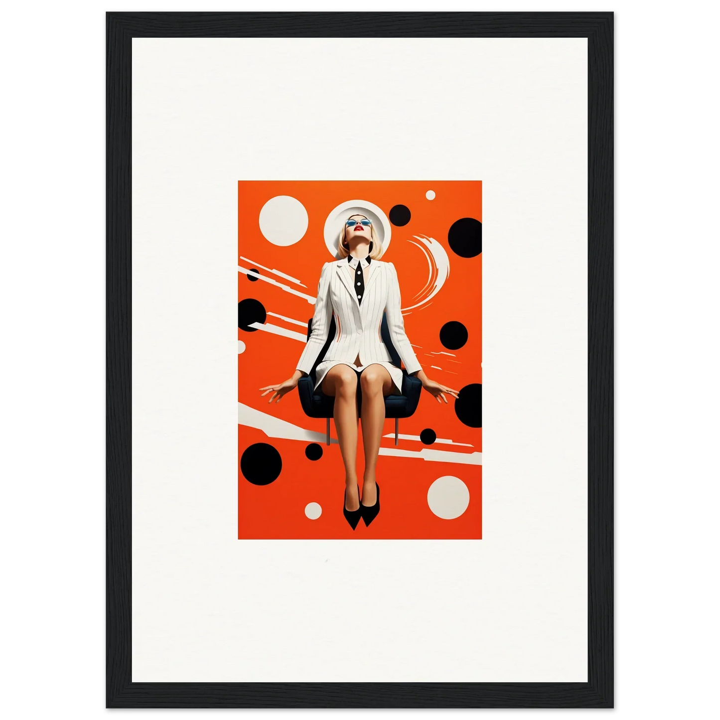 Stylized woman in white outfit on orange polka-dot background, perfect for room decoration