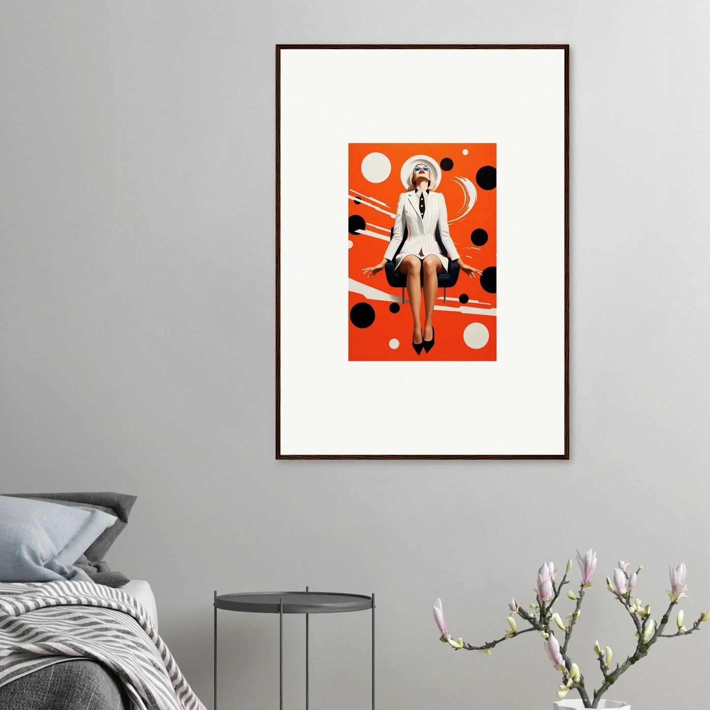 Framed Canvas Print of a Stylish Figure in White on Orange for Room Decoration