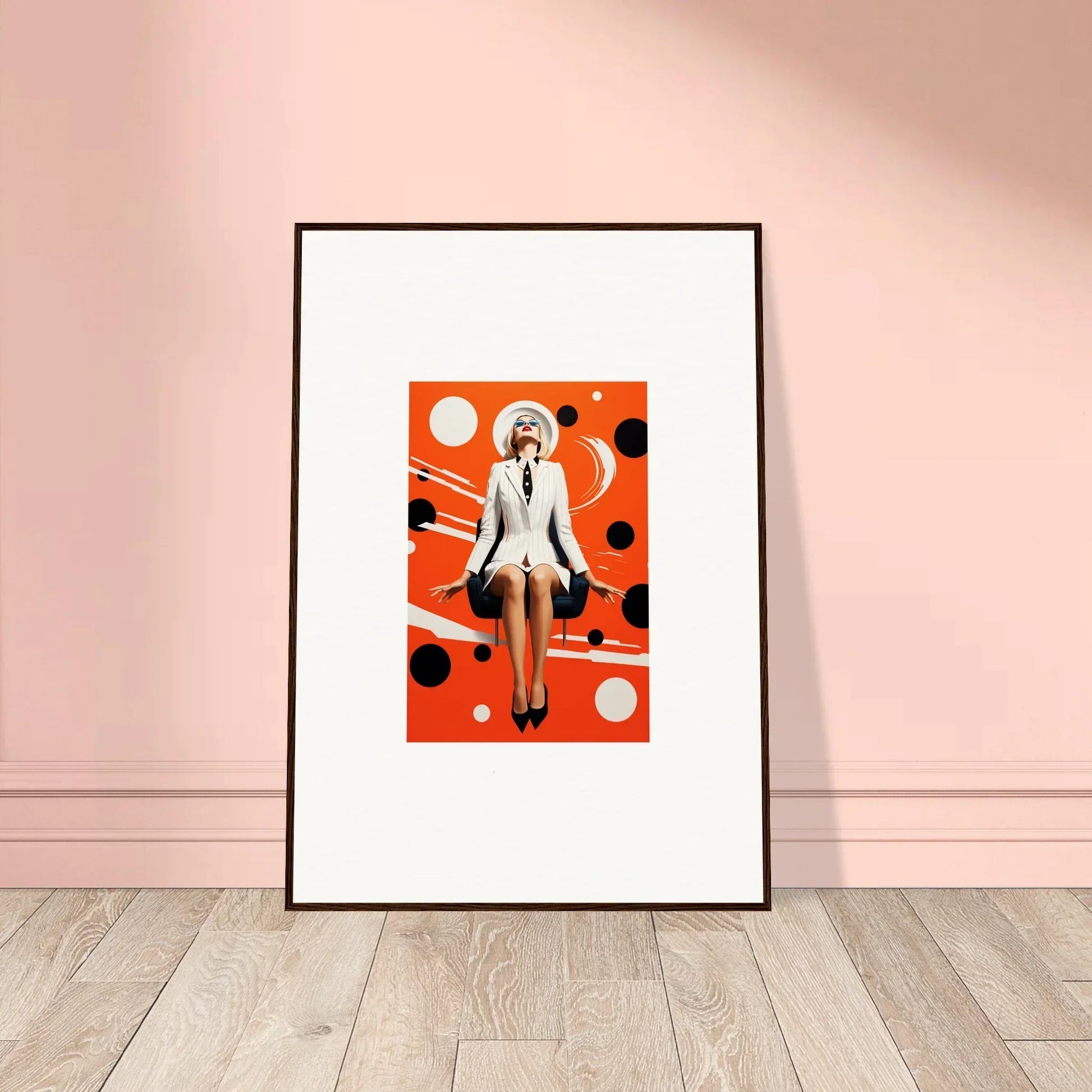 Framed canvas print of a person in white on orange, perfect for room decoration