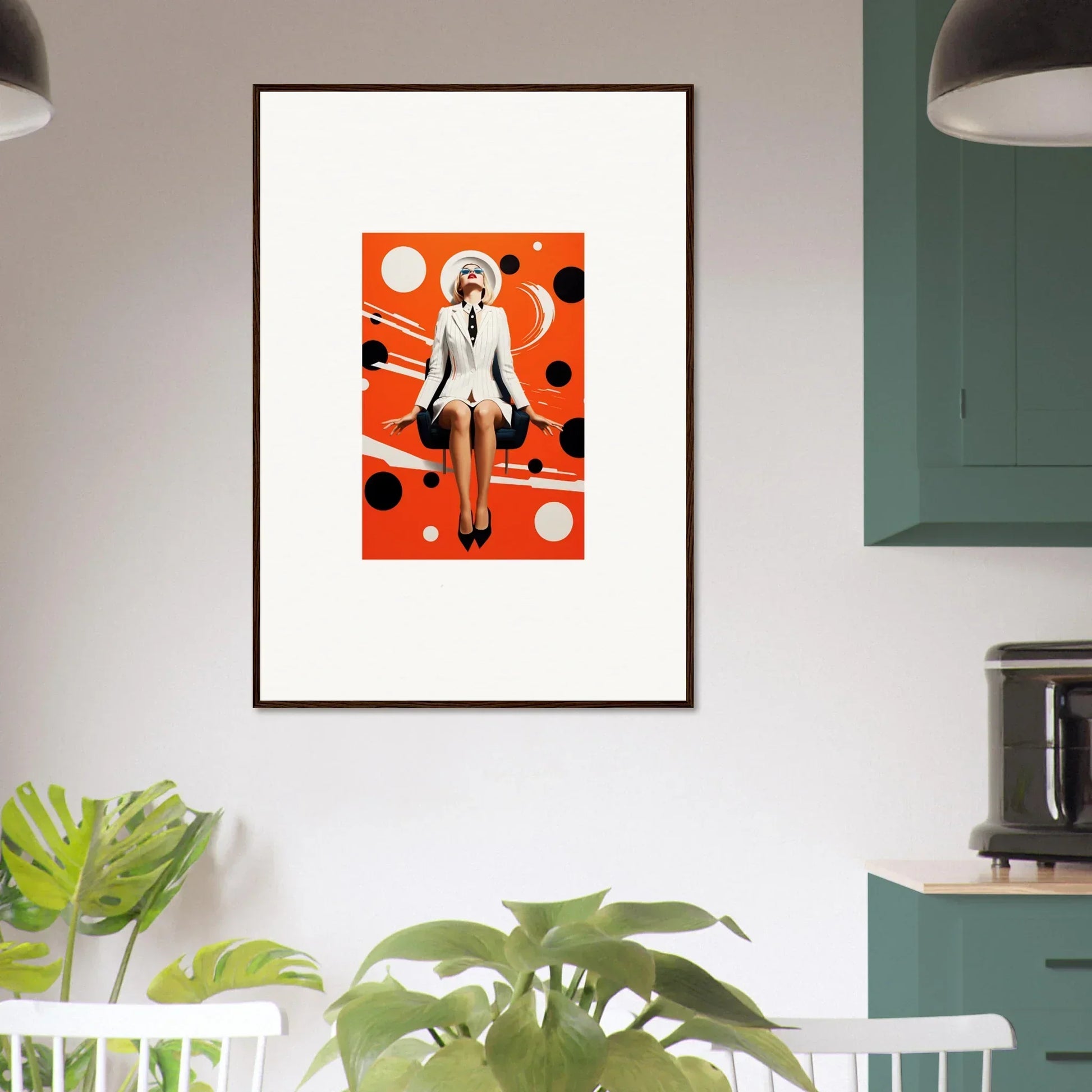 Framed retro canvas print of a woman in white on orange polka dot, perfect room decoration