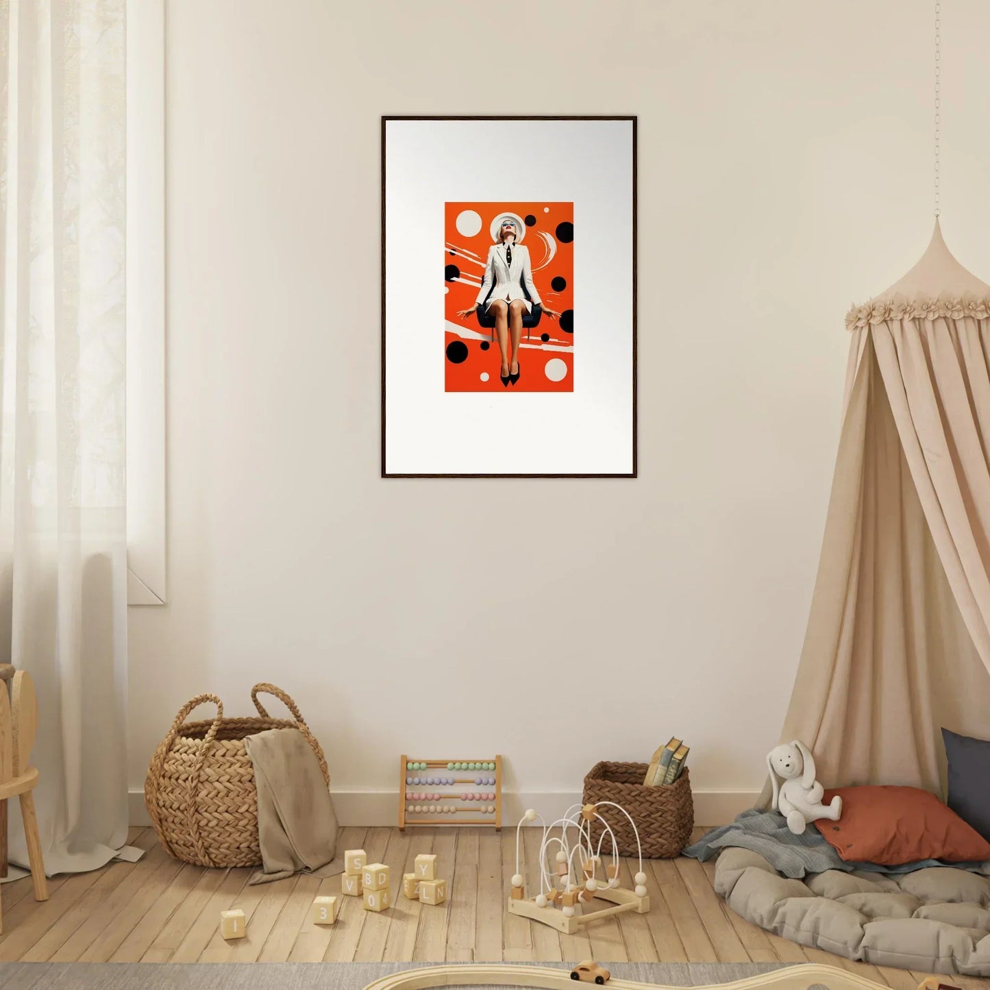 Framed canvas print featuring a stylized figure on orange, perfect for ecliptic eventsatz room decoration