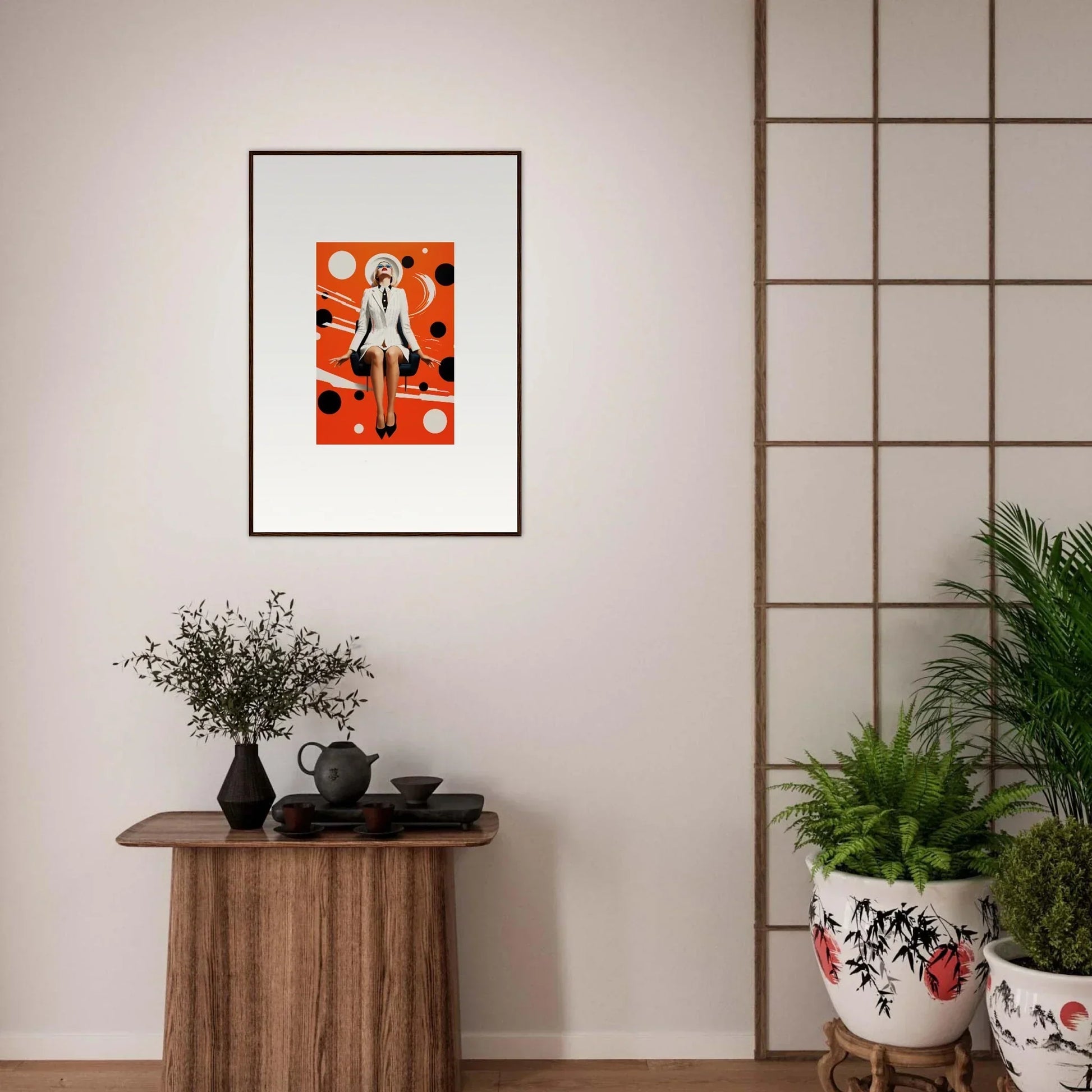 Framed canvas print of a stylized figure on orange background for cool room decoration