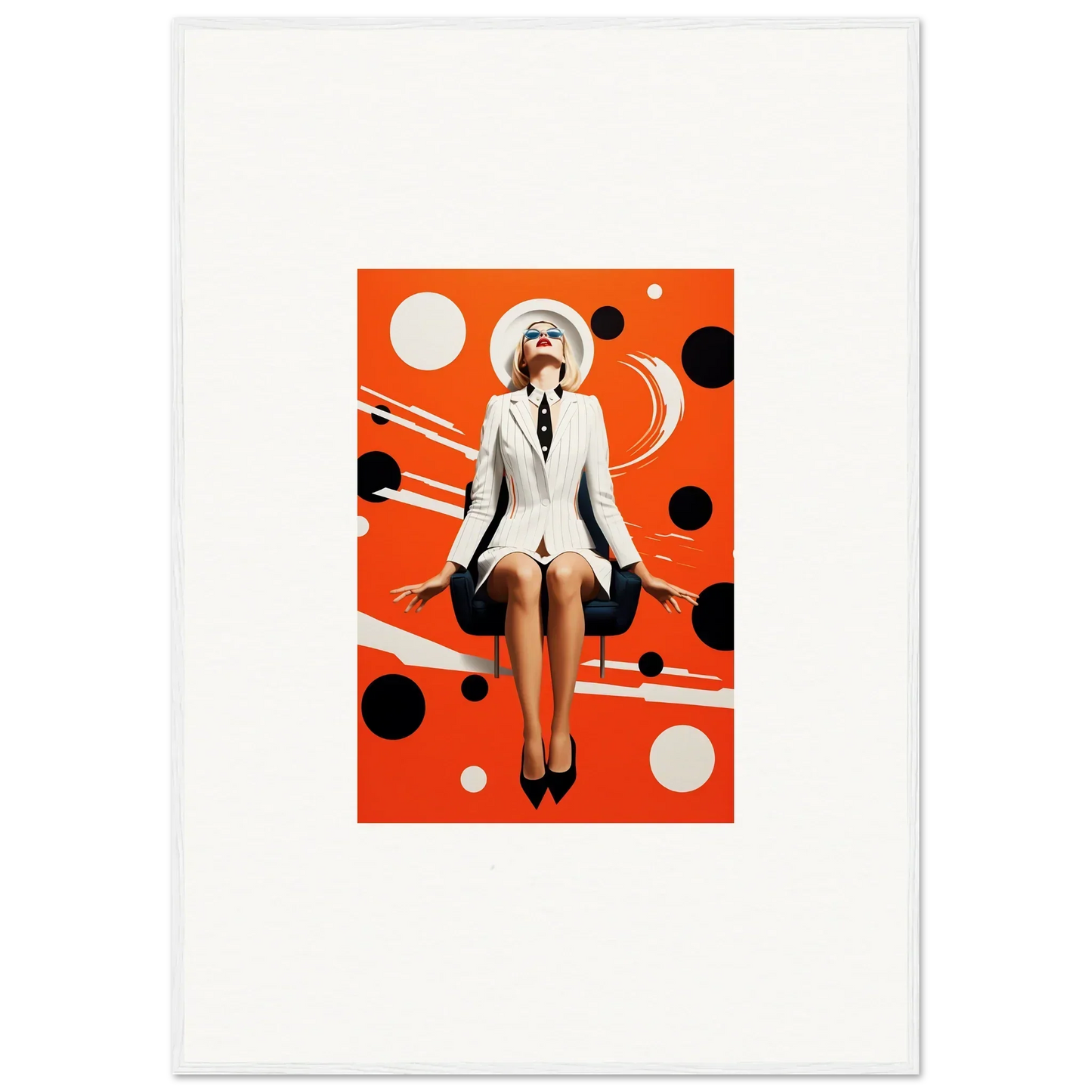 Woman in a white suit against a vibrant orange polka dot background for room decoration