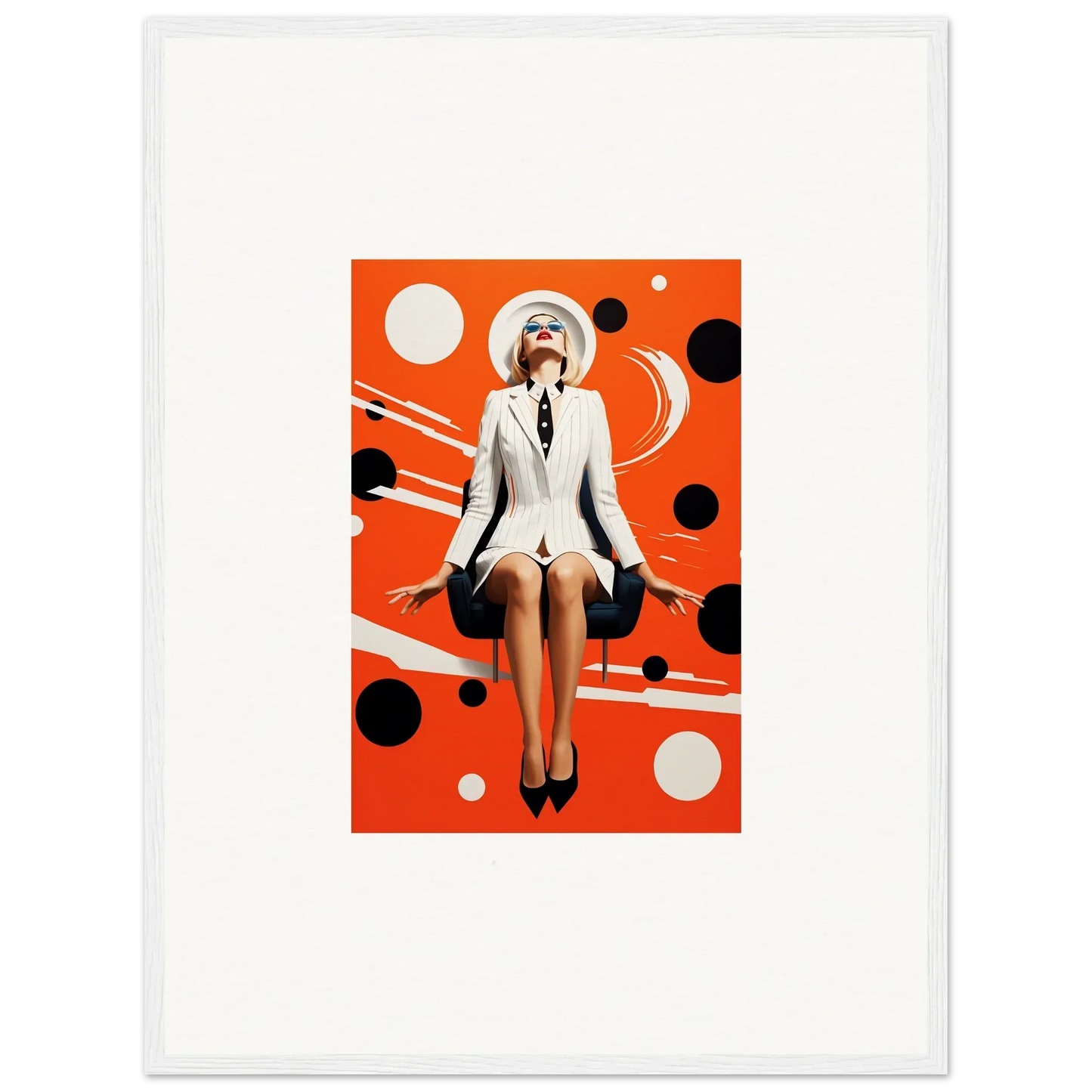 Woman in white suit and hat against orange polka dot background for ecliptic eventsatz canvas print