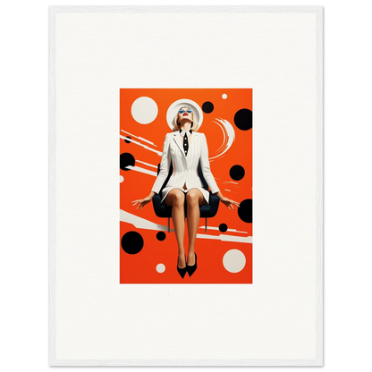 Woman in white suit and hat against orange polka dot background for ecliptic eventsatz canvas print