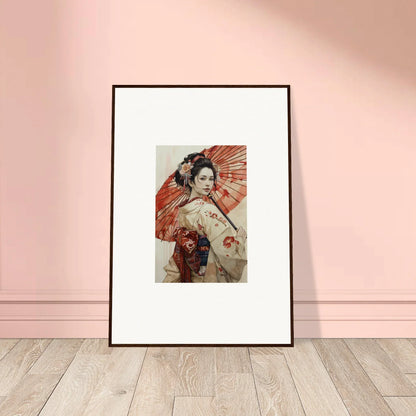 Framed art of a geisha with a red parasol in Orchid Nightscape Whispers design