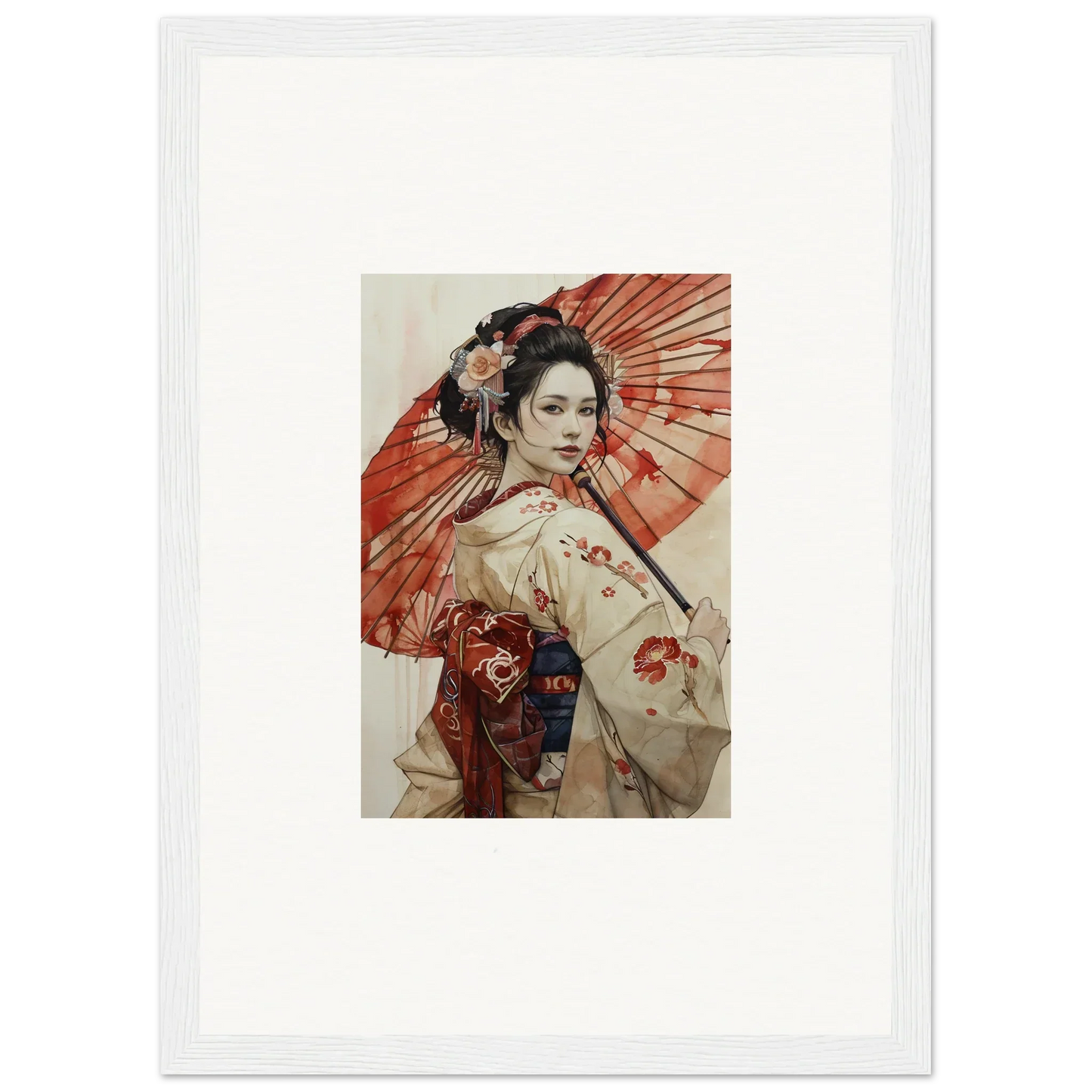 Traditional Japanese geisha in a kimono with a red parasol, Orchid Nightscape Whispers