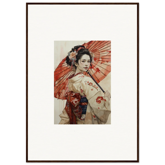 Geisha in an ornate kimono holding a red parasol for Orchid Nightscape Whispers