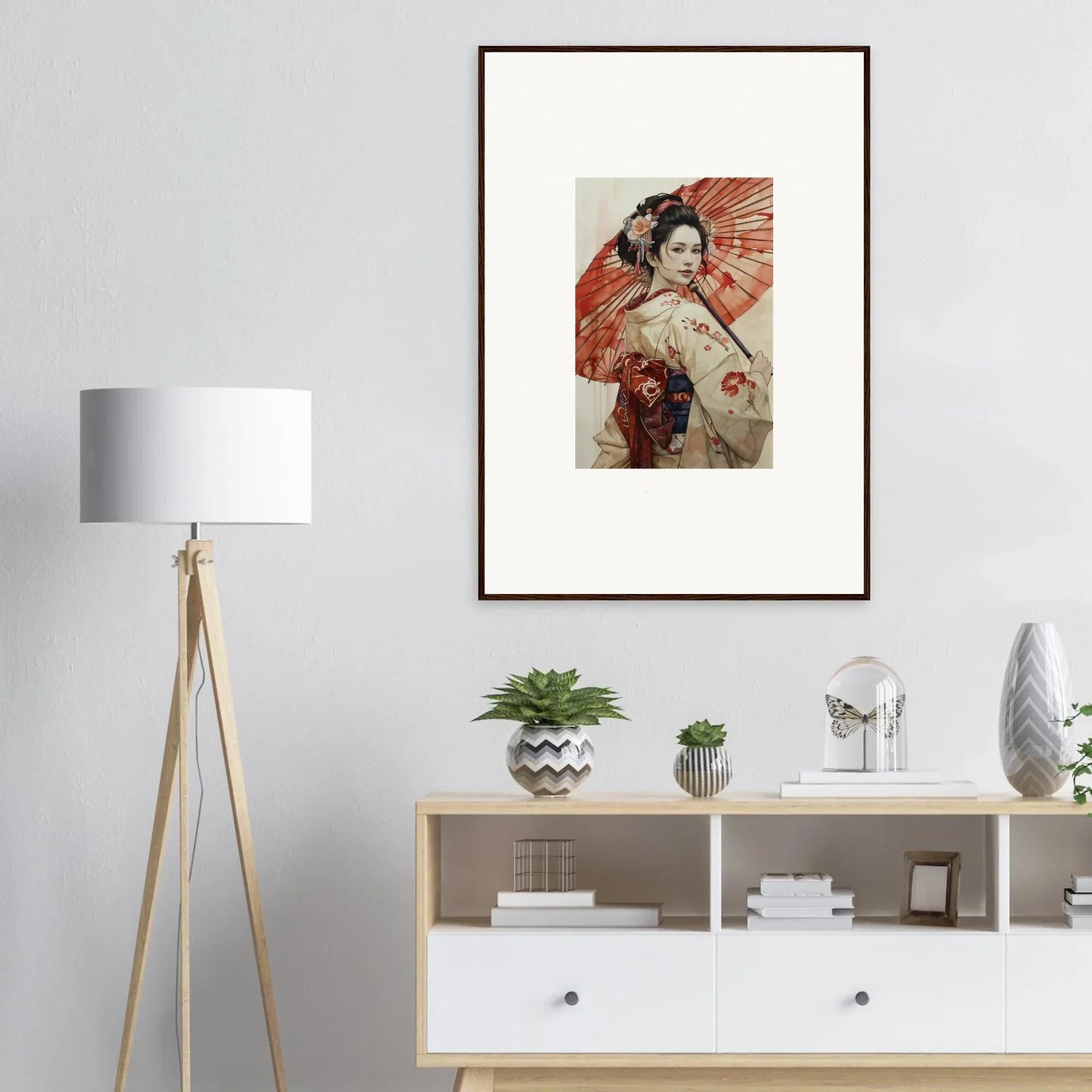 Framed artwork of a geisha with a red parasol from Orchid Nightscape Whispers