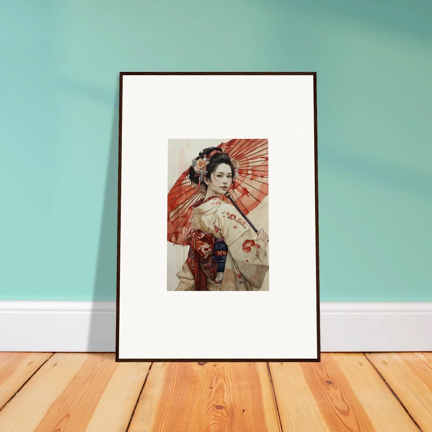 Framed artwork of a figure with a red parasol in Orchid Nightscape Whispers design