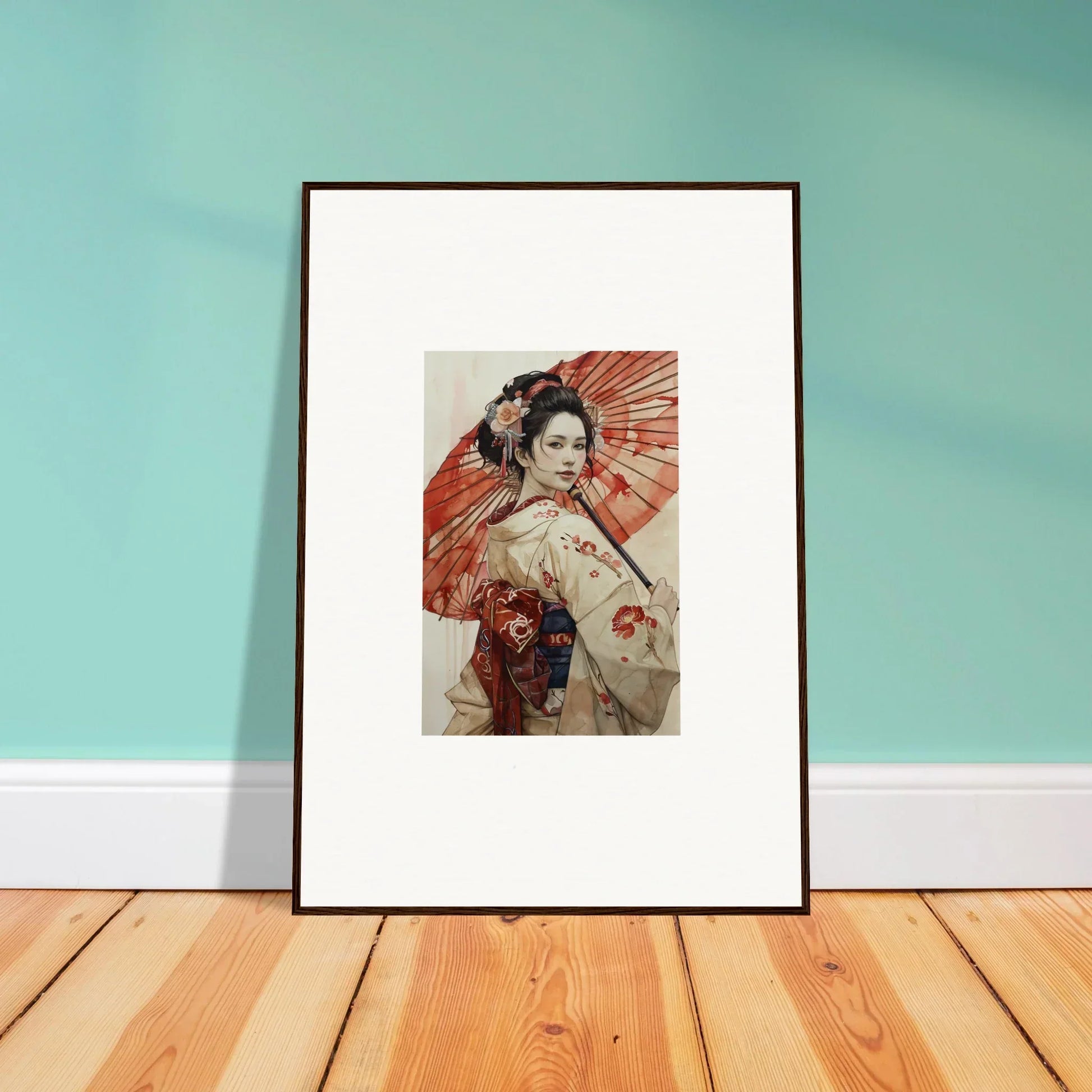 Framed artwork of a figure with a red parasol in Orchid Nightscape Whispers design