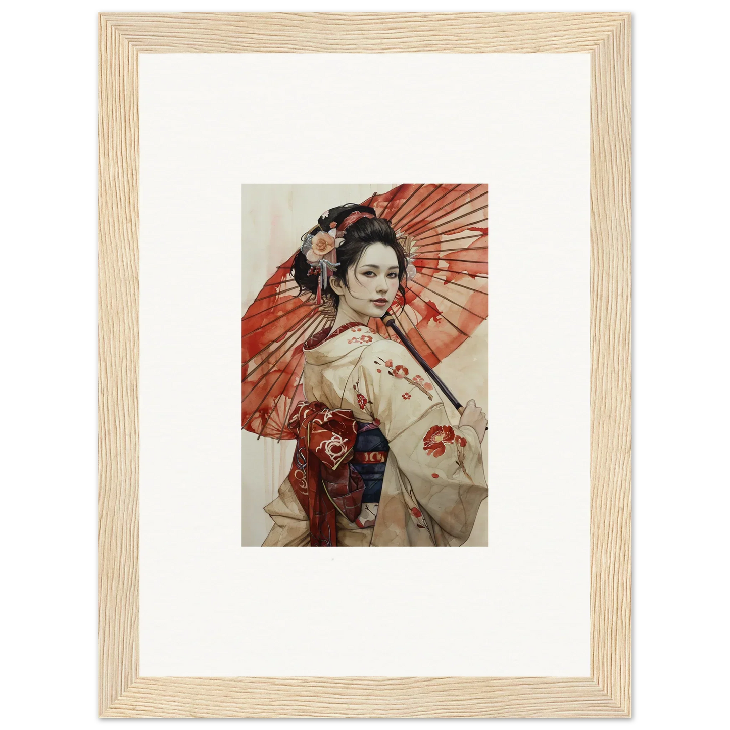 Framed artwork of a geisha with a red parasol from Orchid Nightscape Whispers