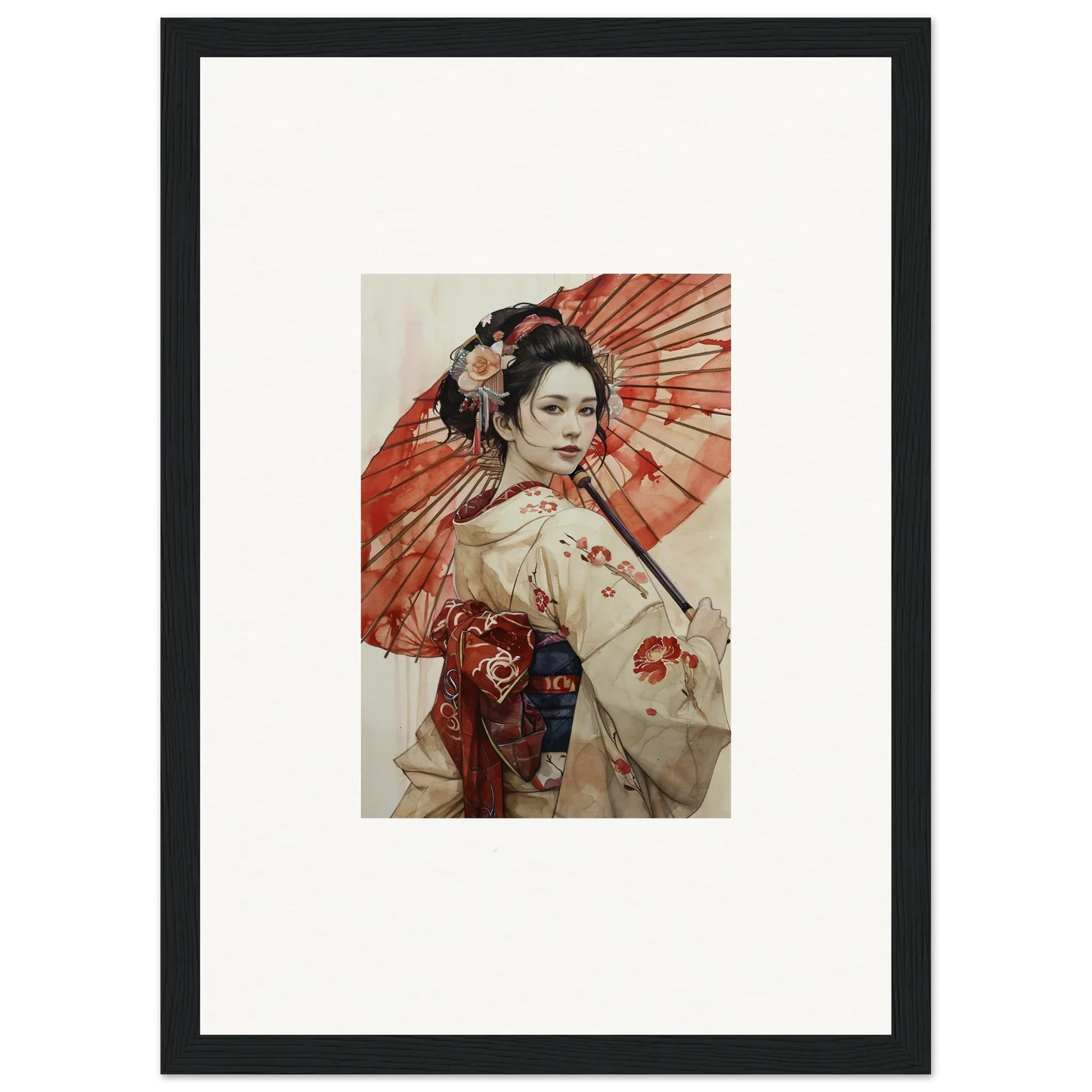 Geisha in kimono with red parasol, capturing the essence of Orchid Nightscape Whispers