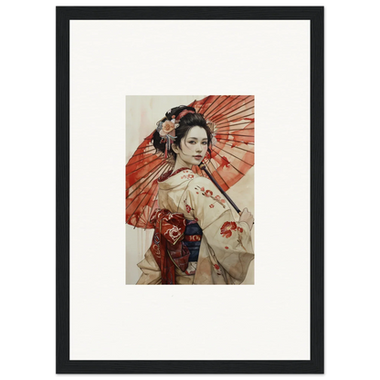 Geisha in kimono with red parasol, capturing the essence of Orchid Nightscape Whispers