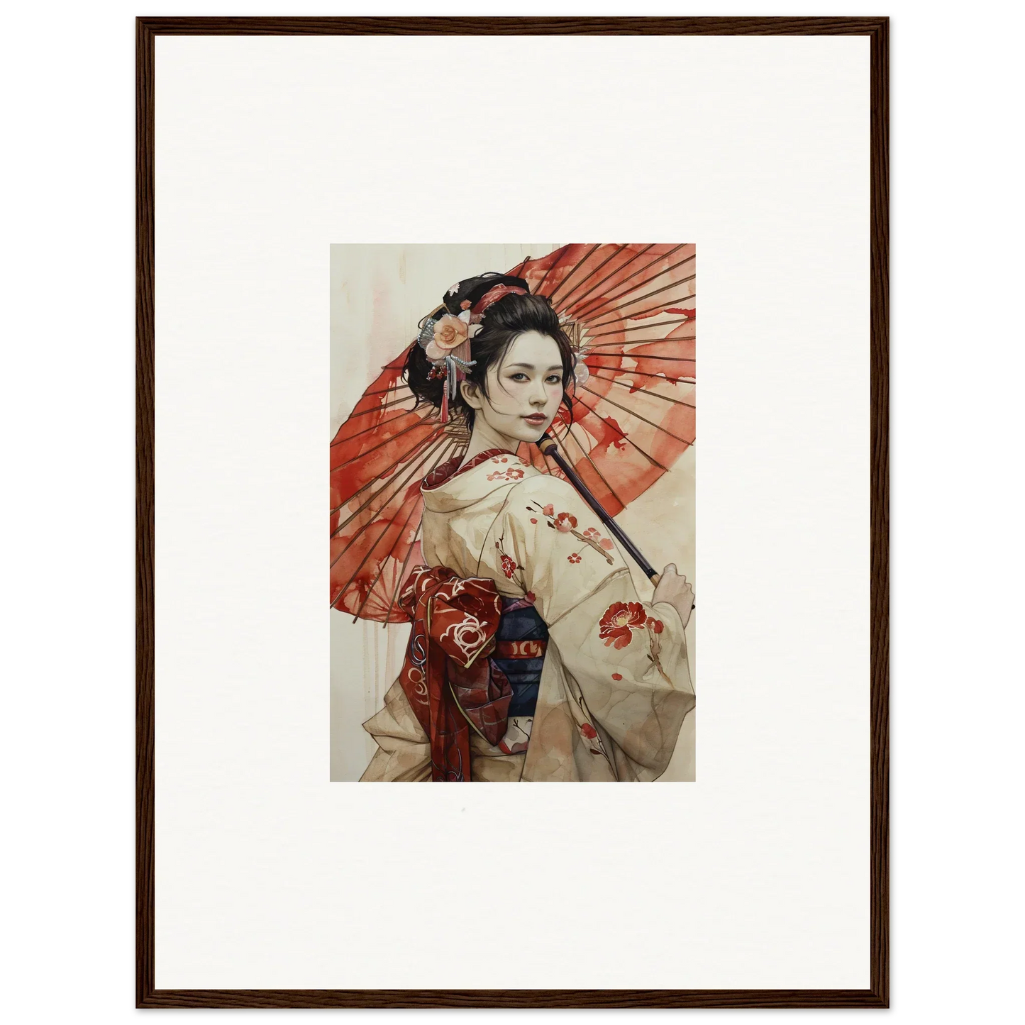 Geisha with red parasol in kimono, a lovely vibe of Orchid Nightscape Whispers