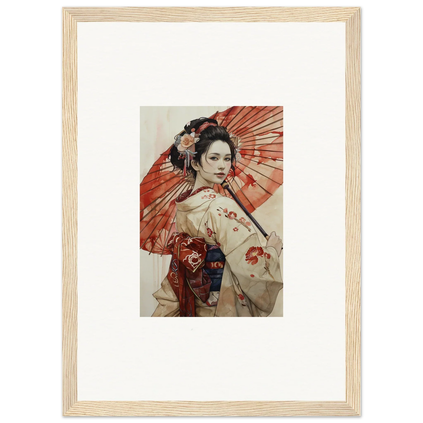 Framed art of a geisha with a red parasol in Orchid Nightscape Whispers decor