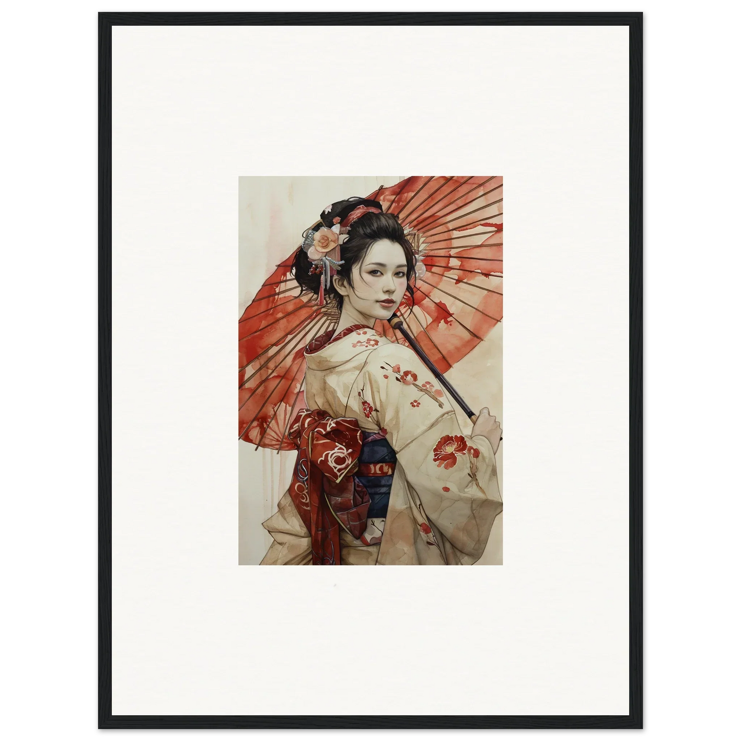 Framed artwork of a geisha with a red parasol in Orchid Nightscape Whispers