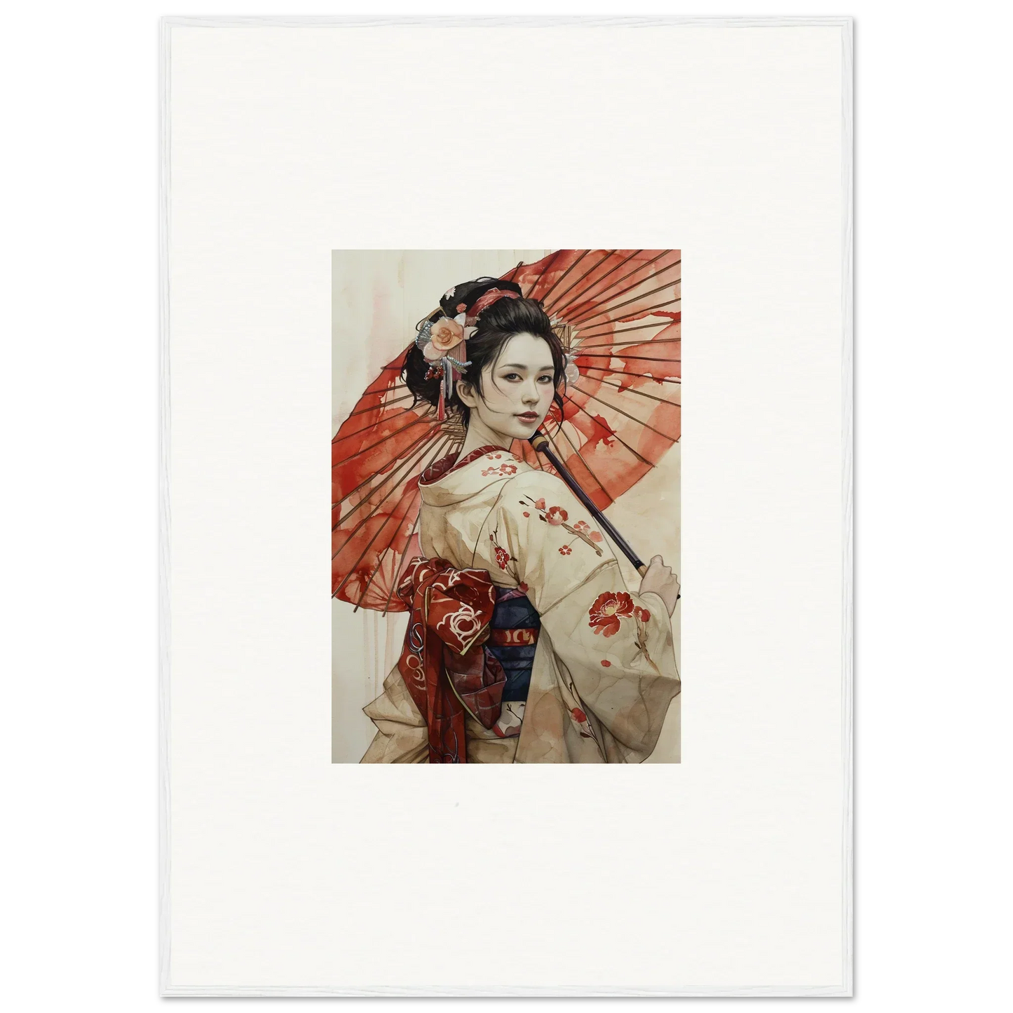 Traditional Japanese geisha in kimono with red parasol, inspired by Orchid Nightscape Whispers