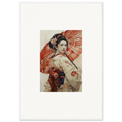 Traditional Japanese geisha in kimono with red parasol, inspired by Orchid Nightscape Whispers