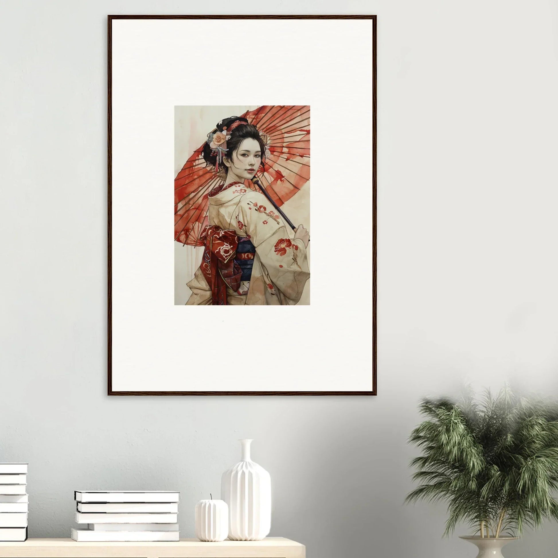 Framed artwork of a Japanese geisha with a red parasol from Orchid Nightscape Whispers