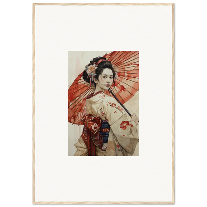 Traditional Japanese artwork of a figure in a kimono with a red parasol for Orchid Nightscape Whispers