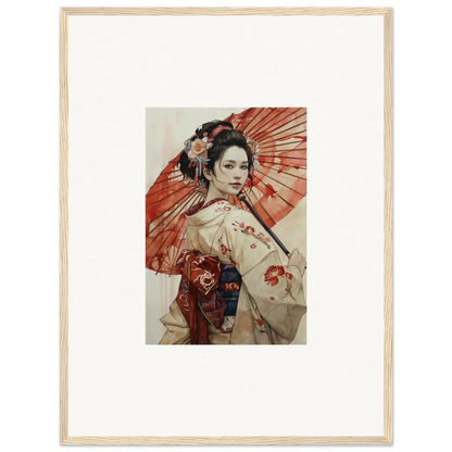 Framed artwork of a geisha with a red parasol in the Orchid Nightscape Whispers style