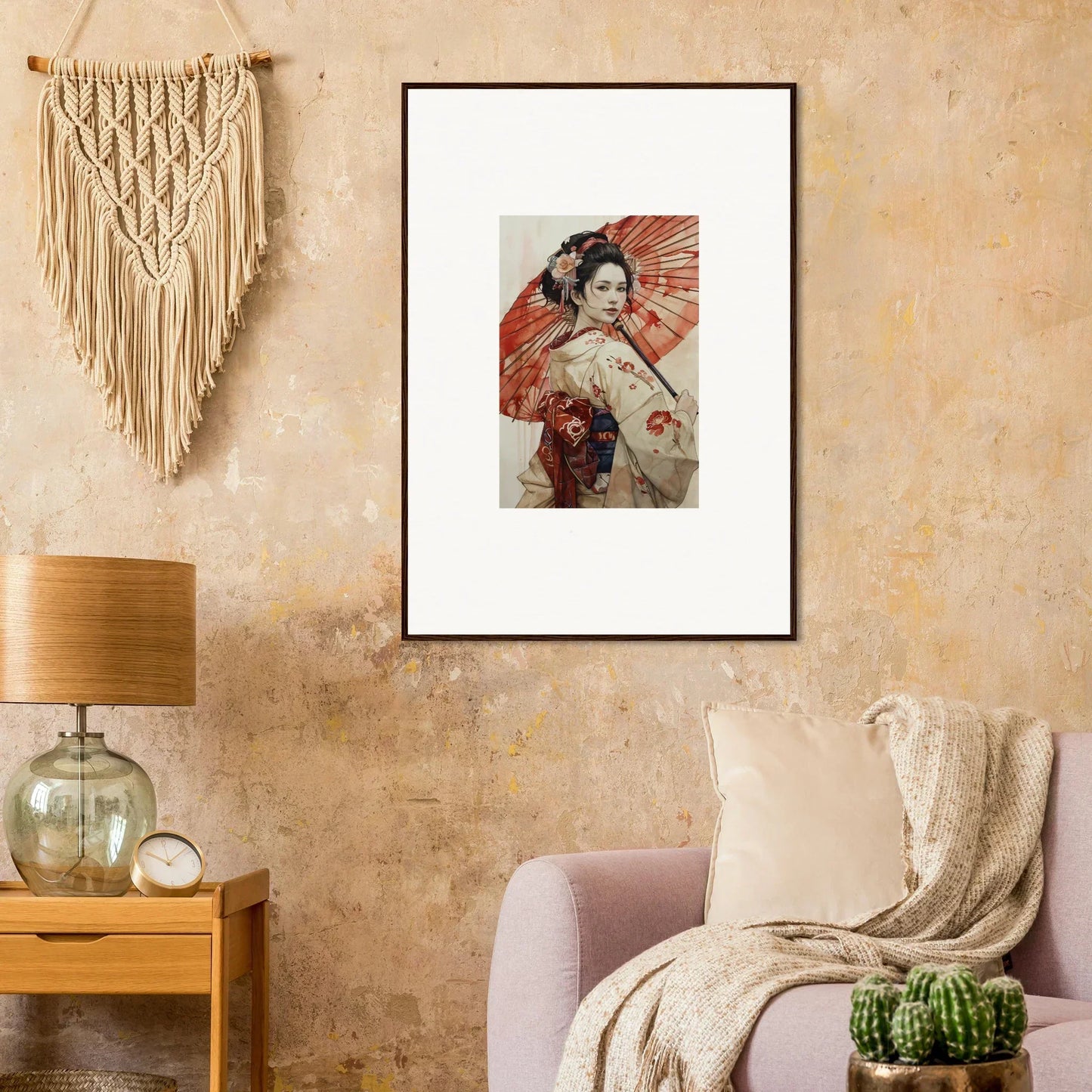 Framed Japanese art print of a geisha with a red parasol for Orchid Nightscape Whispers