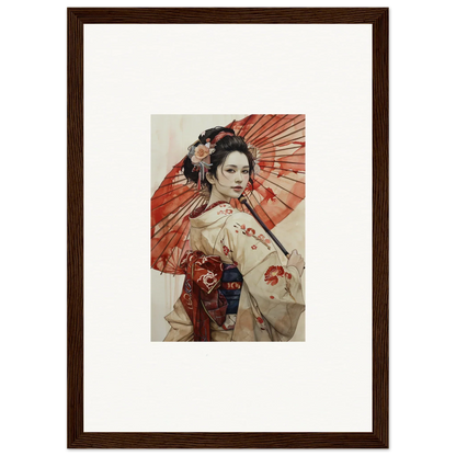 Framed Geisha art with red parasol in Orchid Nightscape Whispers design