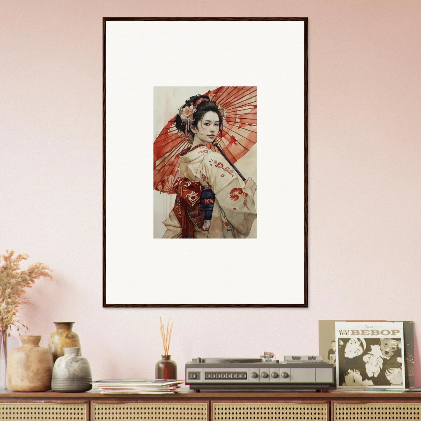 Framed art of a geisha with a red parasol in Orchid Nightscape Whispers