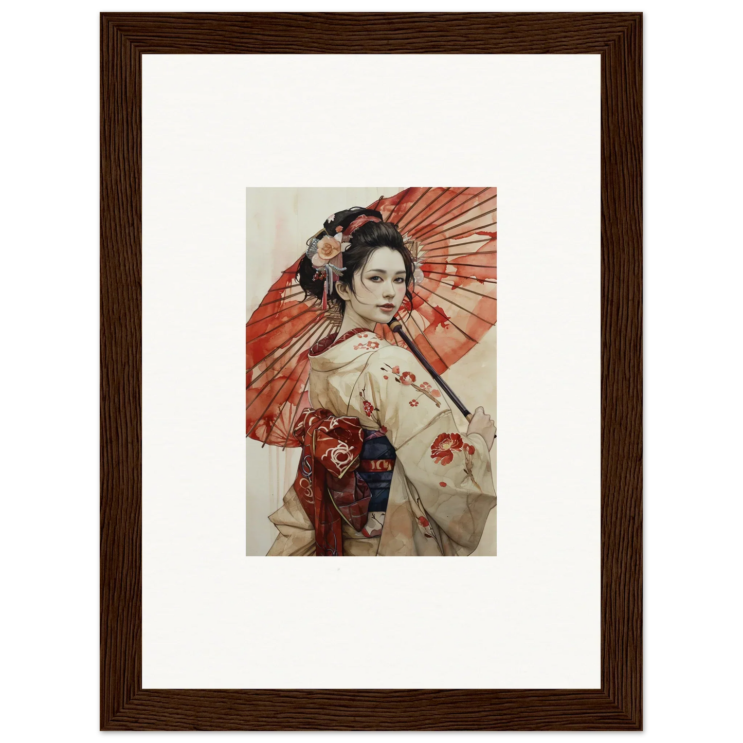 A geisha with a red parasol in Orchid Nightscape Whispers style