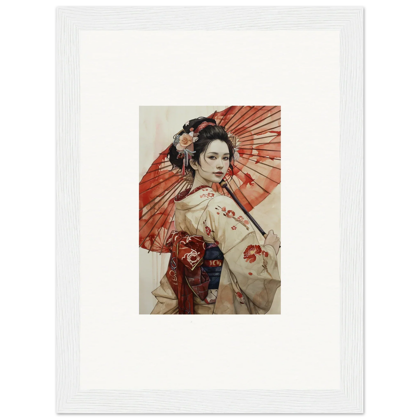 Traditional Japanese geisha holding red parasol for Orchid Nightscape Whispers decor