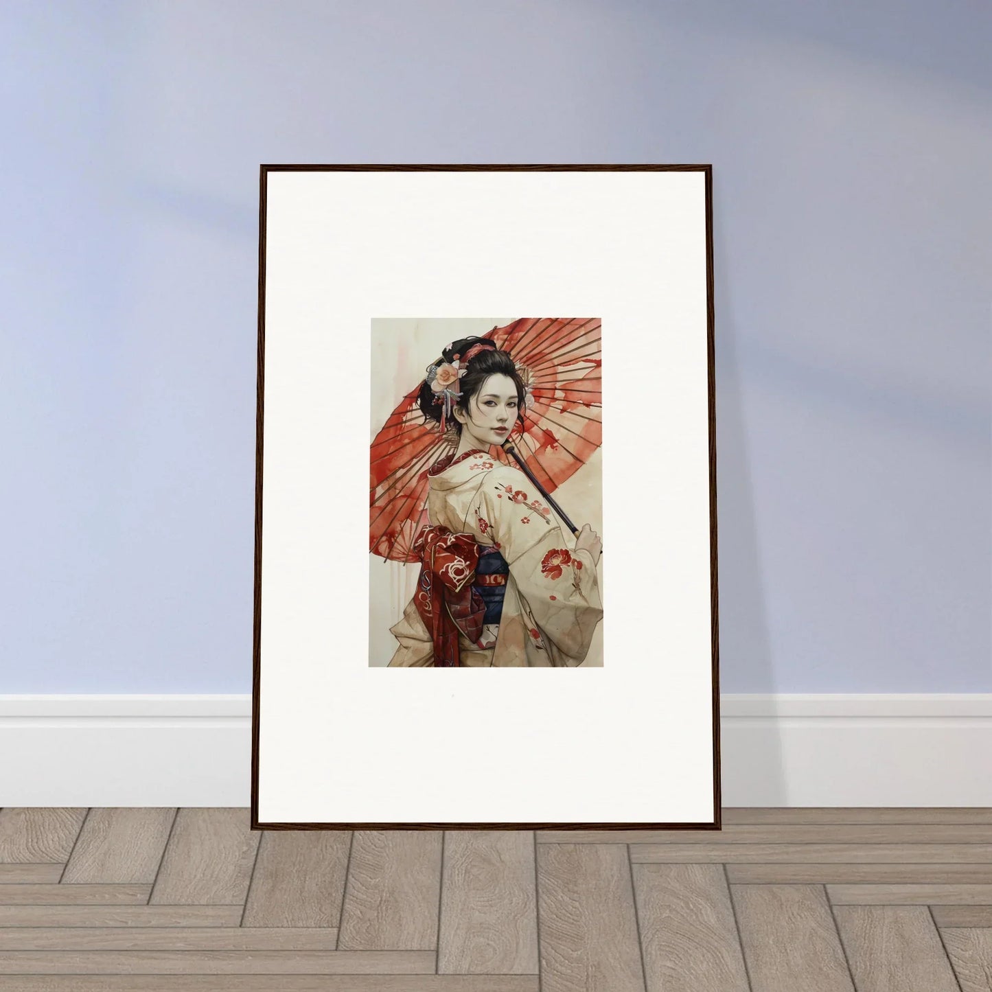 Framed artwork of a Japanese figure with a red parasol from Orchid Nightscape Whispers