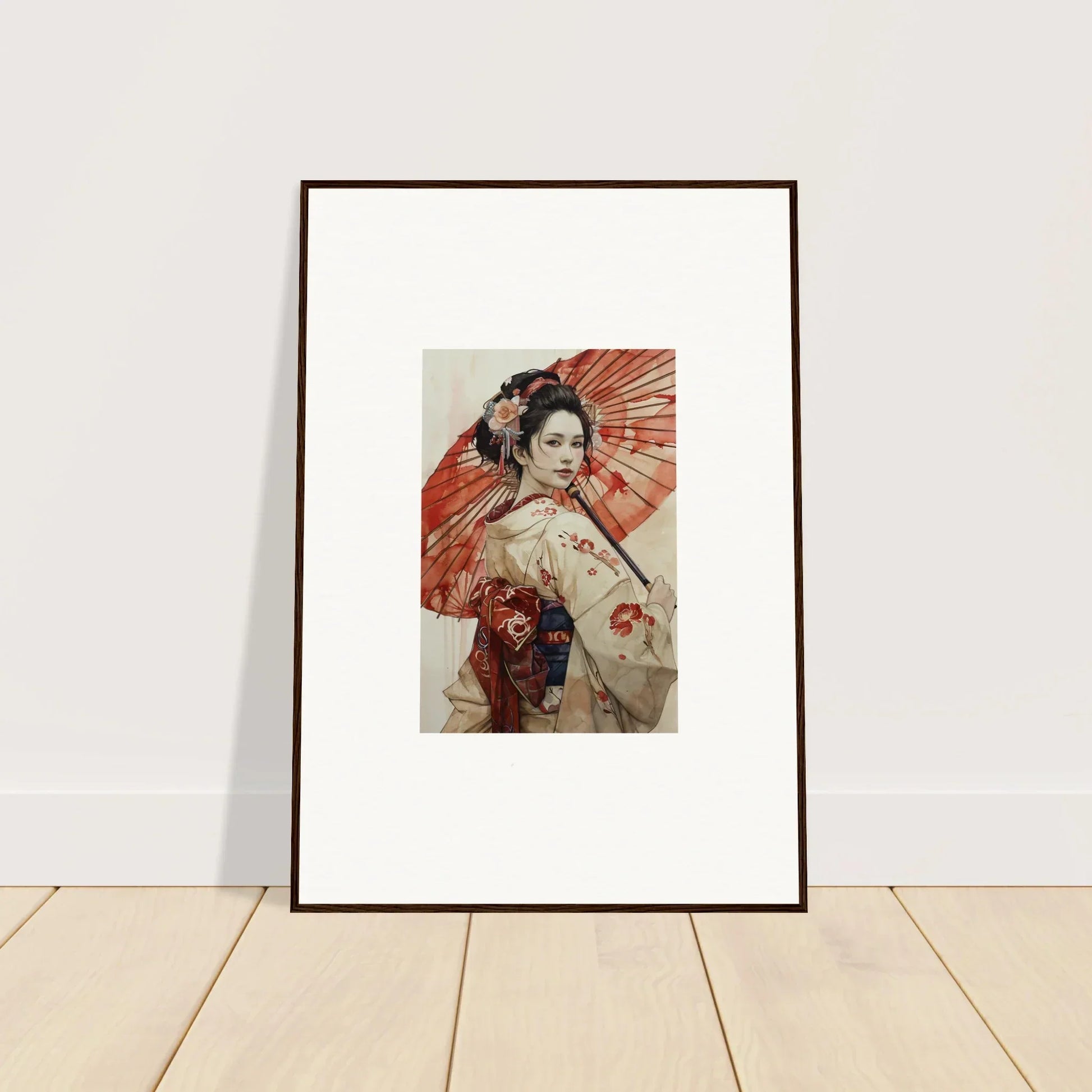 Framed artwork of a figure in traditional Japanese dress with a red parasol for Orchid Nightscape Whispers