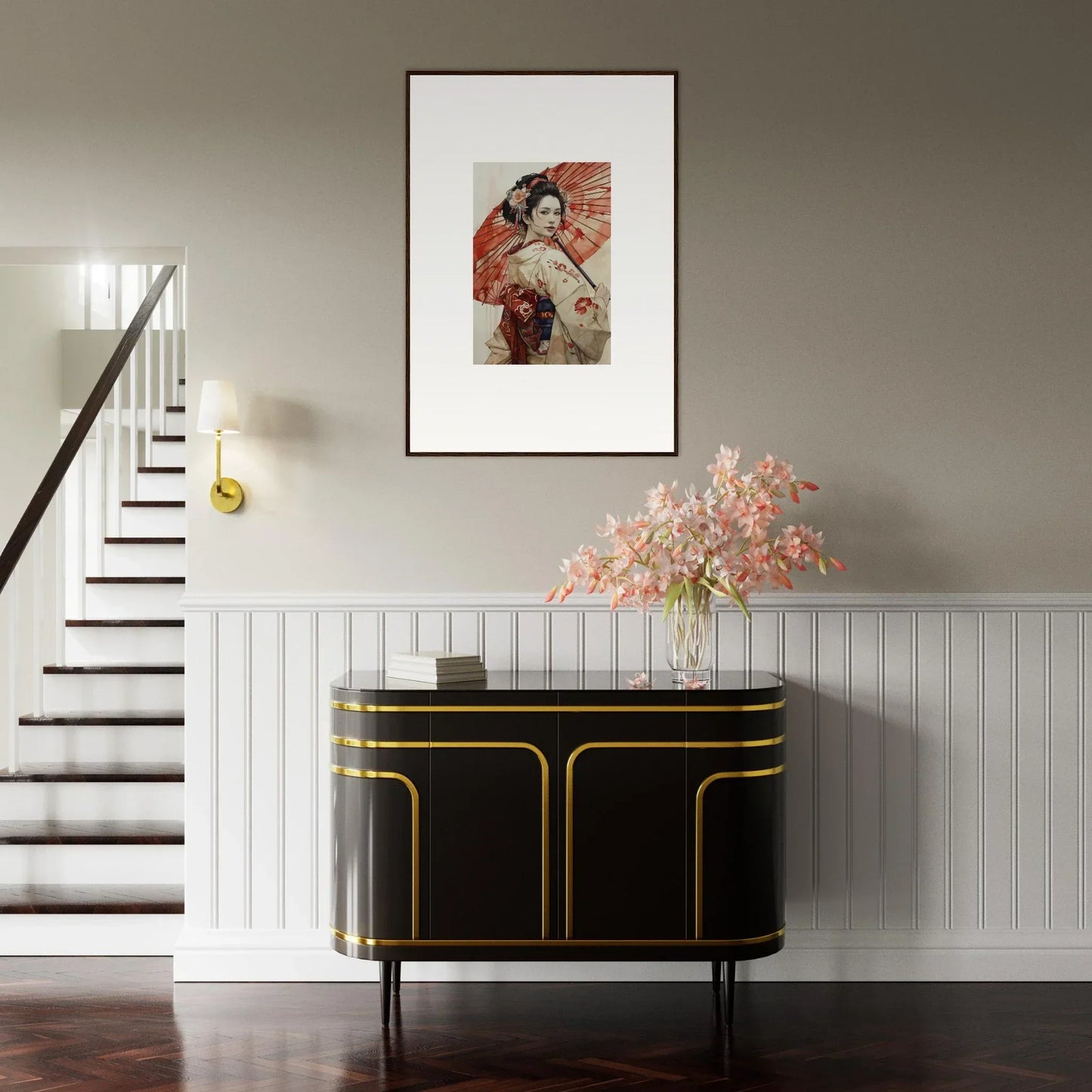 Art Deco black cabinet with gold trim, part of the Orchid Nightscape Whispers collection