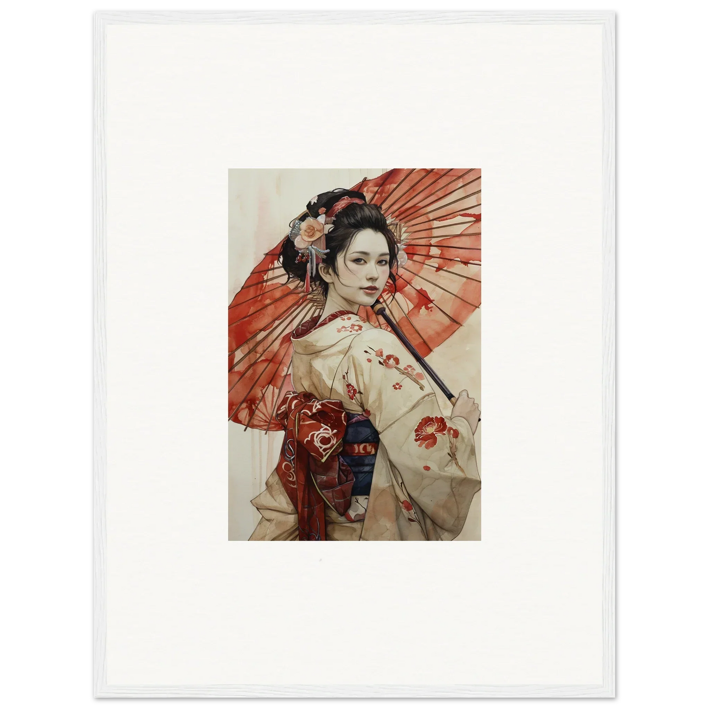 Traditional Japanese geisha with red parasol and floral kimono in Orchid Nightscape Whispers