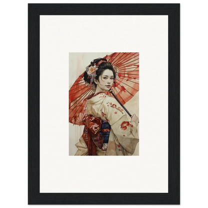 Framed artwork of a geisha with a red parasol in Orchid Nightscape Whispers