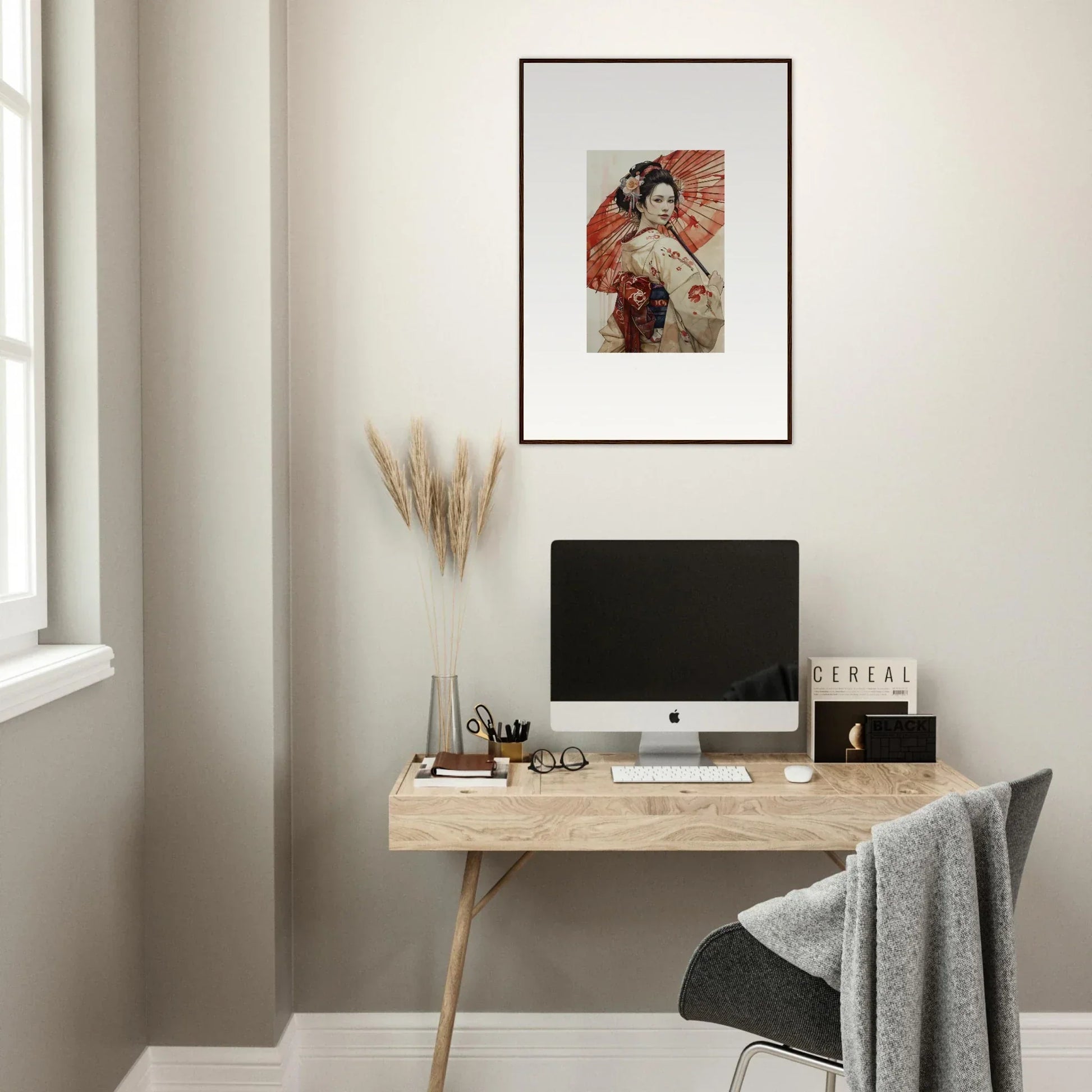 Simple wooden desk with an iMac, showcasing Orchid Nightscape Whispers vibes