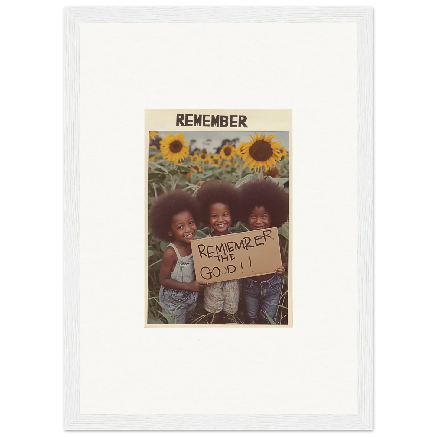 Framed photo of kids with sign among sunflowers perfect for solar whimsy room decoration