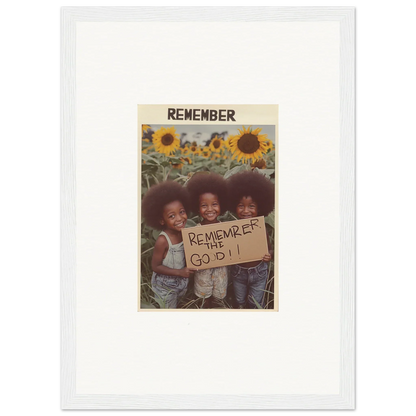 Framed photo of kids with sign among sunflowers perfect for solar whimsy room decoration