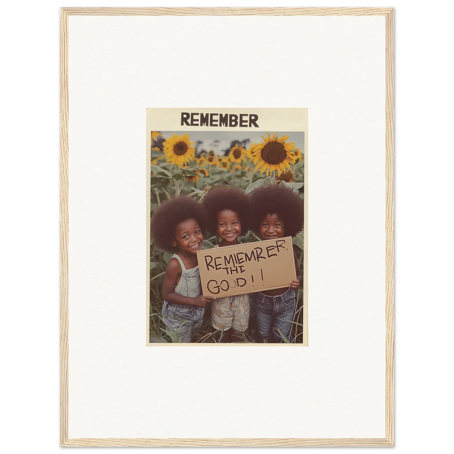 Kids with a sign in a sunflower field, perfect for solar whimsy canvas print decor