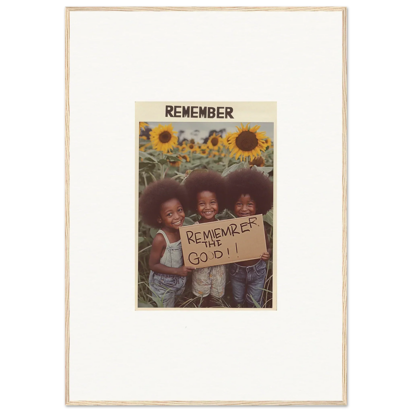 Framed photo of three kids with a sign in a sunflower field, perfect for solar whimsy room decoration