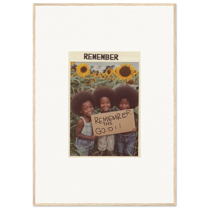 Framed photo of three kids with a sign in a sunflower field, perfect for solar whimsy room decoration