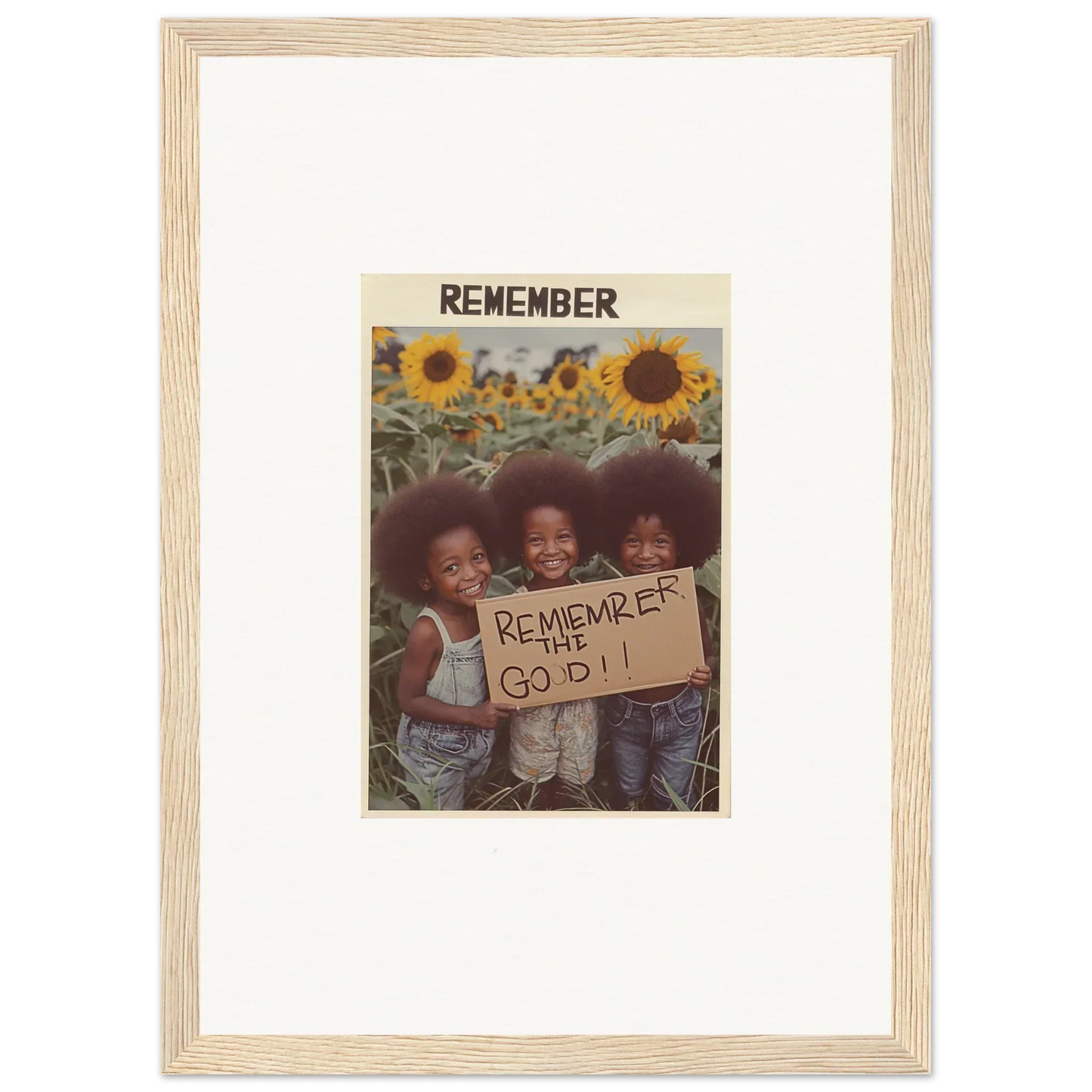 Framed photo of kids in a sunflower field, perfect for solar whimsy room decoration