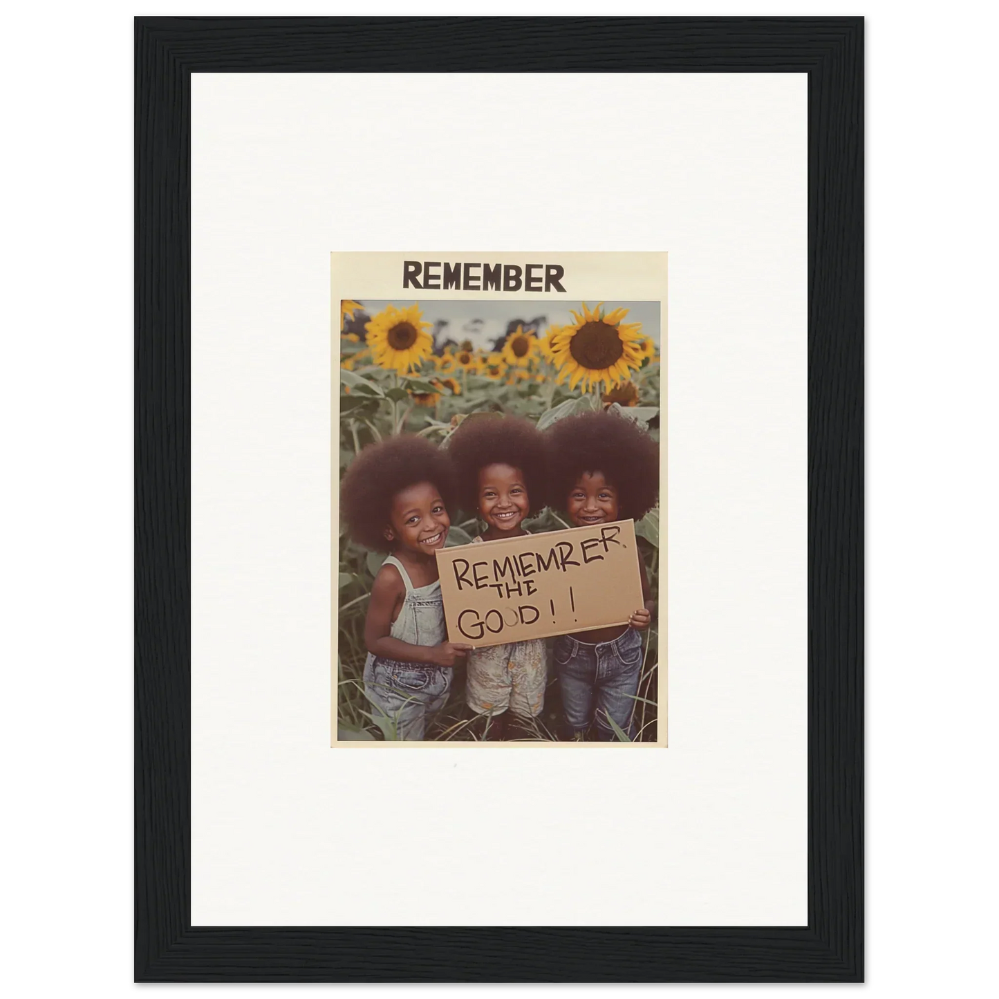 Vintage photo of kids in sunflowers with Remember you are gold sign in Solar Whimsy canvas print