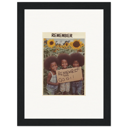 Vintage photo of kids in sunflowers with Remember you are gold sign in Solar Whimsy canvas print