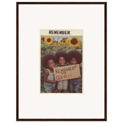 Framed canvas print of kids with afros holding a sign in a sunflower field, solar whimsy vibe